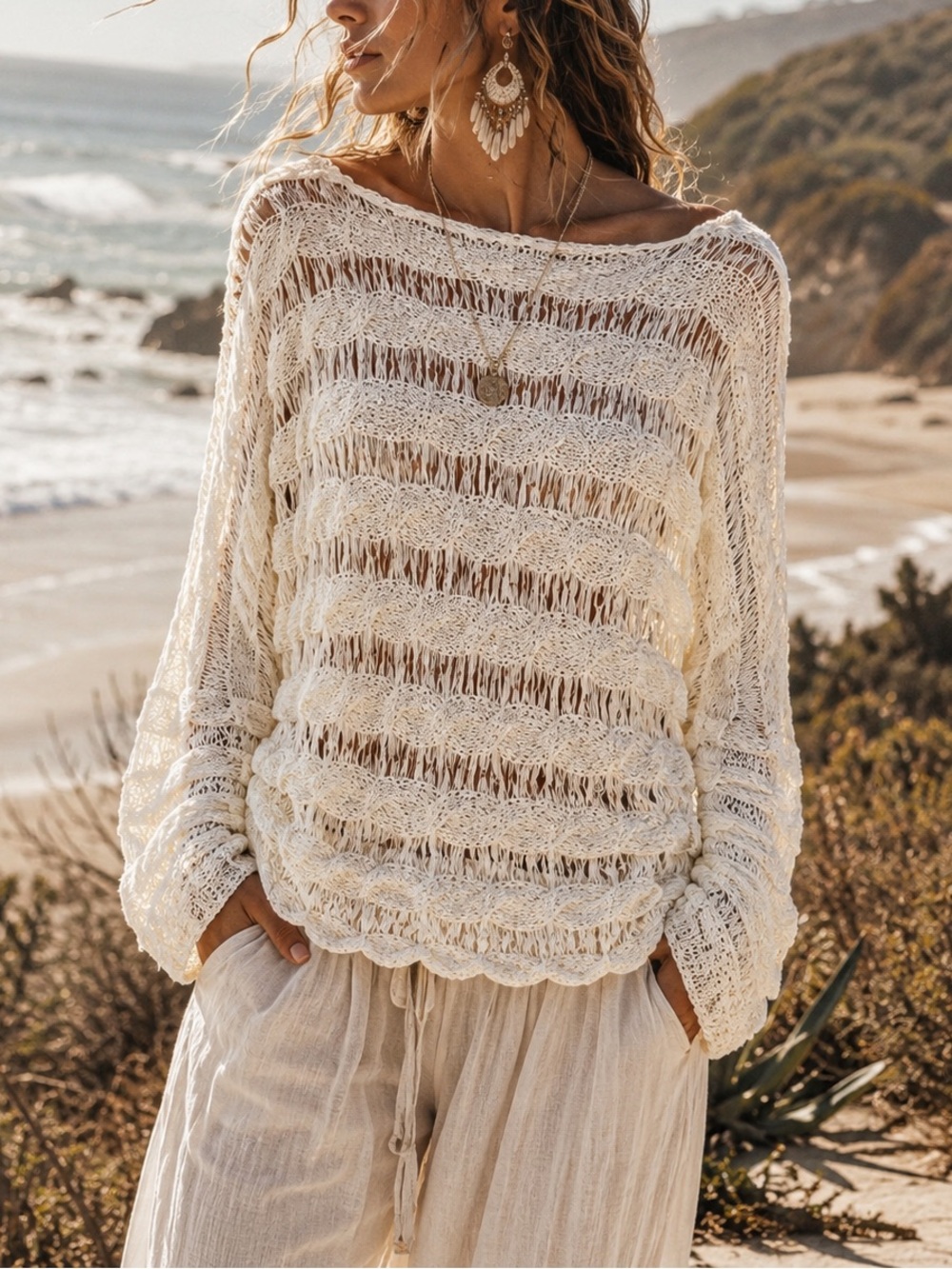Moth Anthropologie Ivory Open Knit Gauze Sweater XL Boho Beach Cover Up